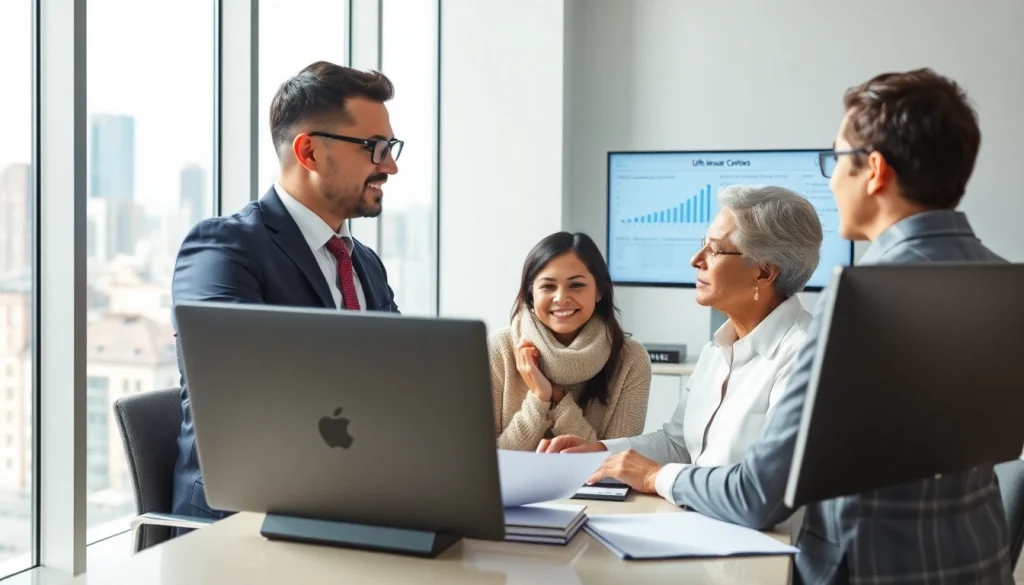 Couple exploring life insurance options with a financial advisor in a professional setting.