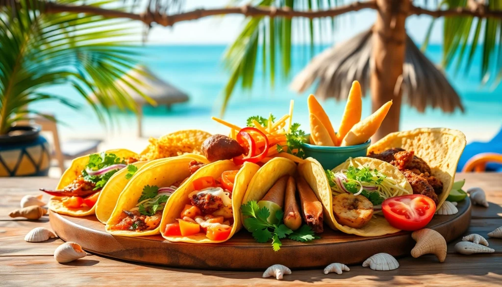 Savor Cabo food recommendations with a colorful platter of tacos and seafood in a beach setting.