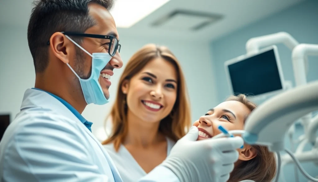 Dentist engaging with a patient in a modern dental clinic, showcasing a friendly atmosphere.