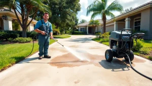 Concrete cleaning service transforming a dirty driveway in Kissimmee.