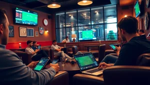 Explore various sportsbooks in Alberta through lively betting scenes in a cozy lounge setting.