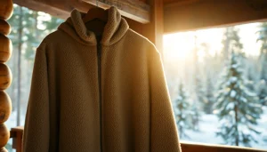 Fleece jas met een zachte textuur in een gezellige berghut omgeving.