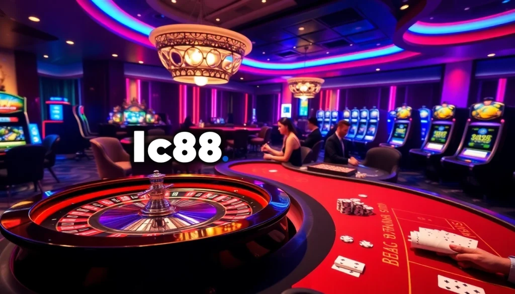 Experience exciting games at lc88.com, featuring a bustling casino floor with poker tables and slot machines.