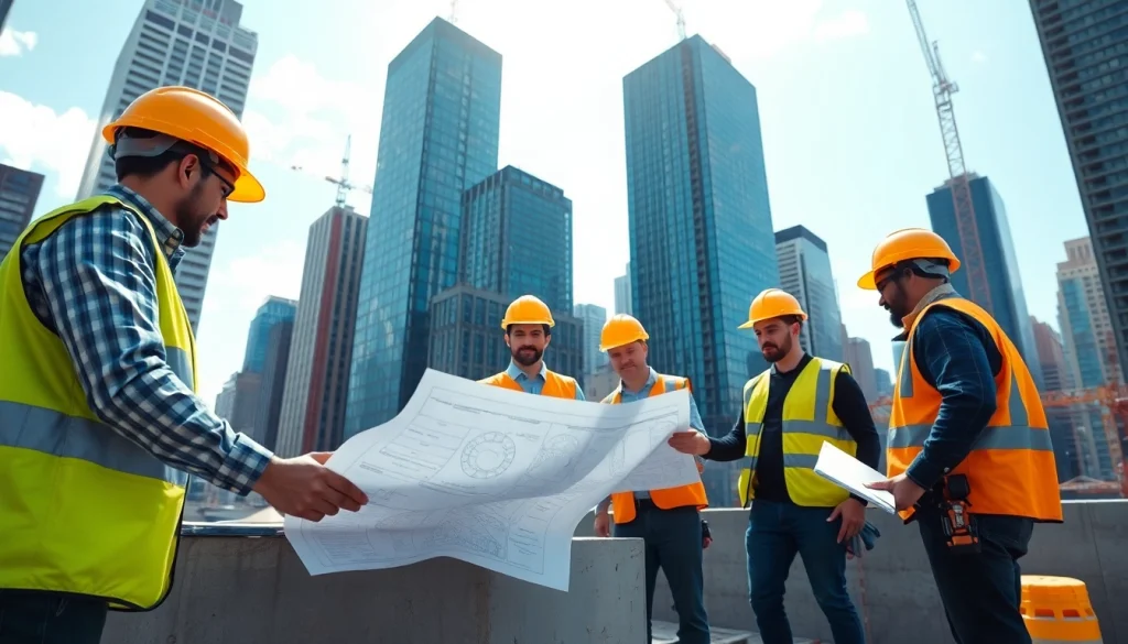 New York Commercial General Contractor overseeing a construction site with workers and blueprints.