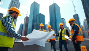 New York Commercial General Contractor overseeing a construction site with workers and blueprints.