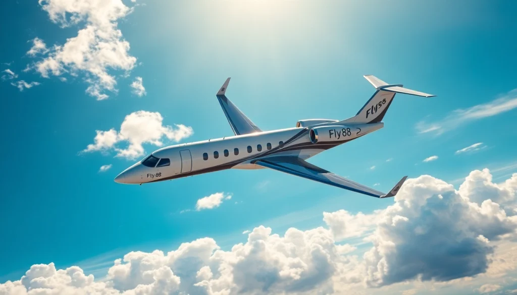 Fly 88 luxury private jet soaring in a bright blue sky, representing premium travel.