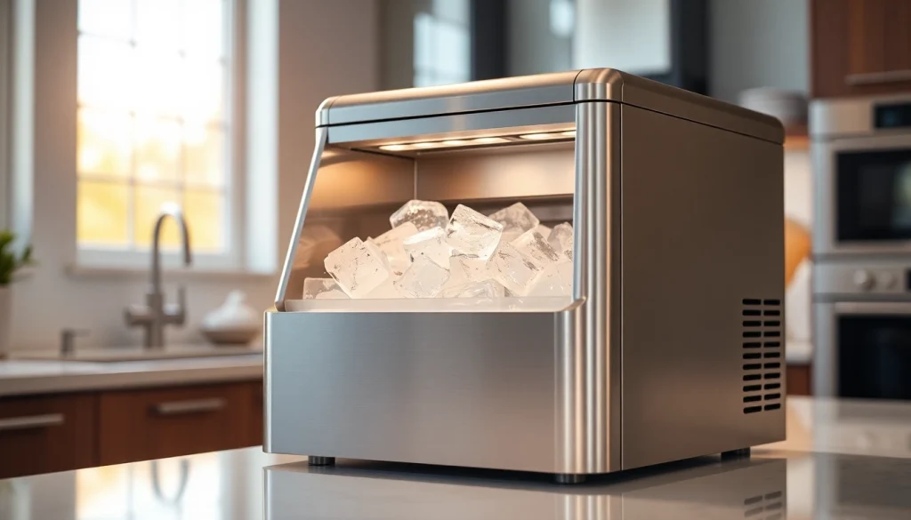 Showcase of an ice maker in a modern kitchen, emphasizing design and functionality.
