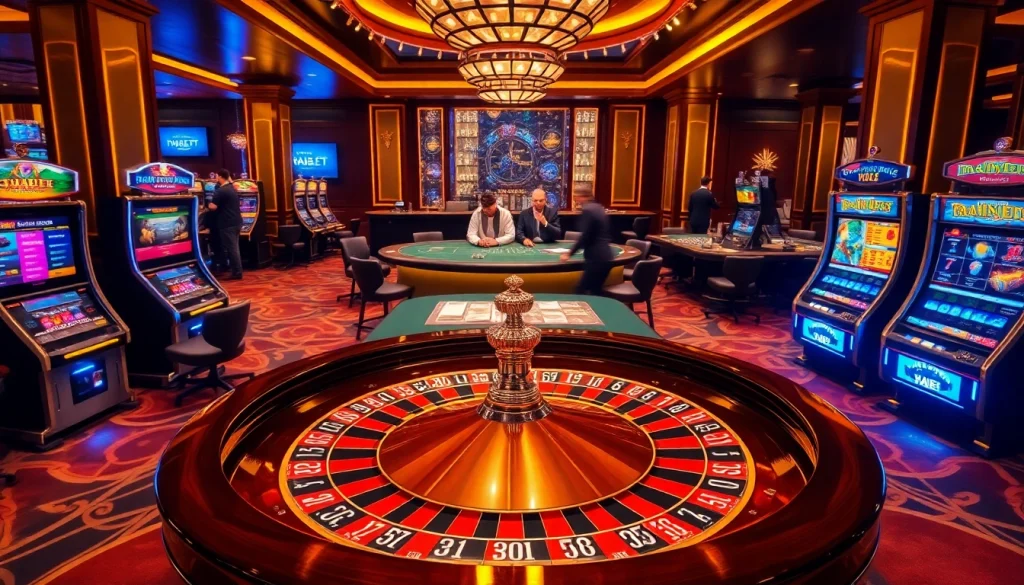 Players enjoying THABET casino atmosphere with excitement at gaming tables.