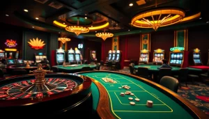 Gamble with excitement at ga6789's luxury casino featuring vibrant gaming tables and roulette.