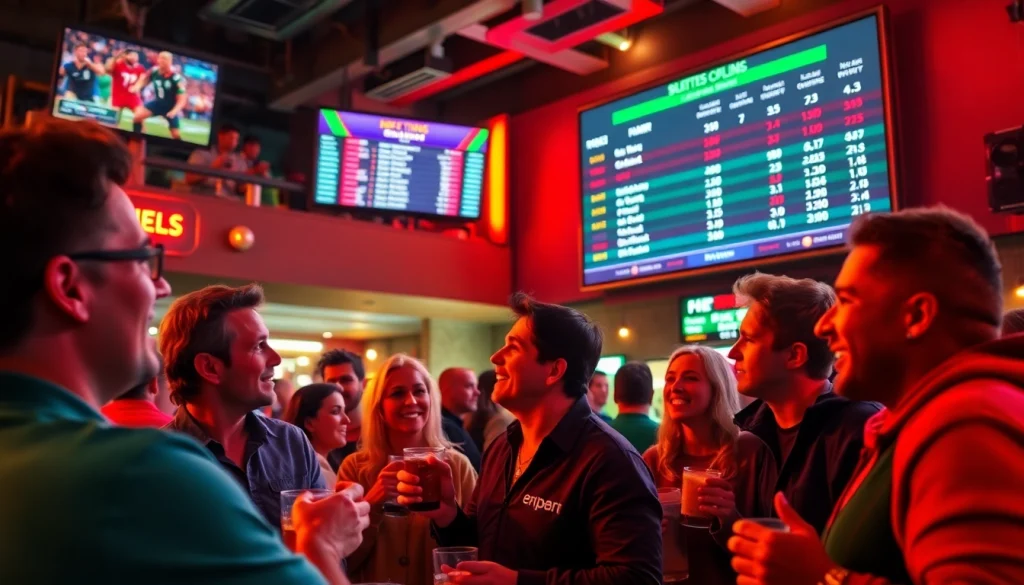 Engaged sports fans in a vibrant setting discussing sportsbooks in Oklahoma with lively interactions.