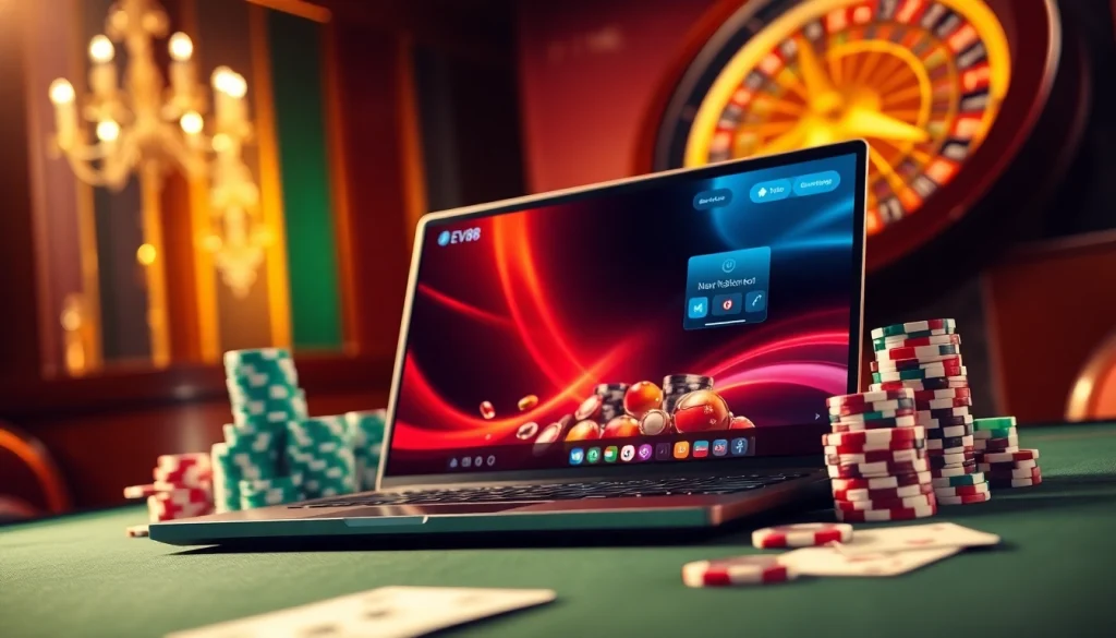 Experience the thrill of online gambling at ev88 with a sophisticated casino setup featuring vibrant poker chips and a roulette wheel.