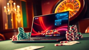 Experience the thrill of online gambling at ev88 with a sophisticated casino setup featuring vibrant poker chips and a roulette wheel.