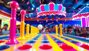 Permainan plinko demo yang penuh warna dengan bola jatuh dan penonton bersemangat.