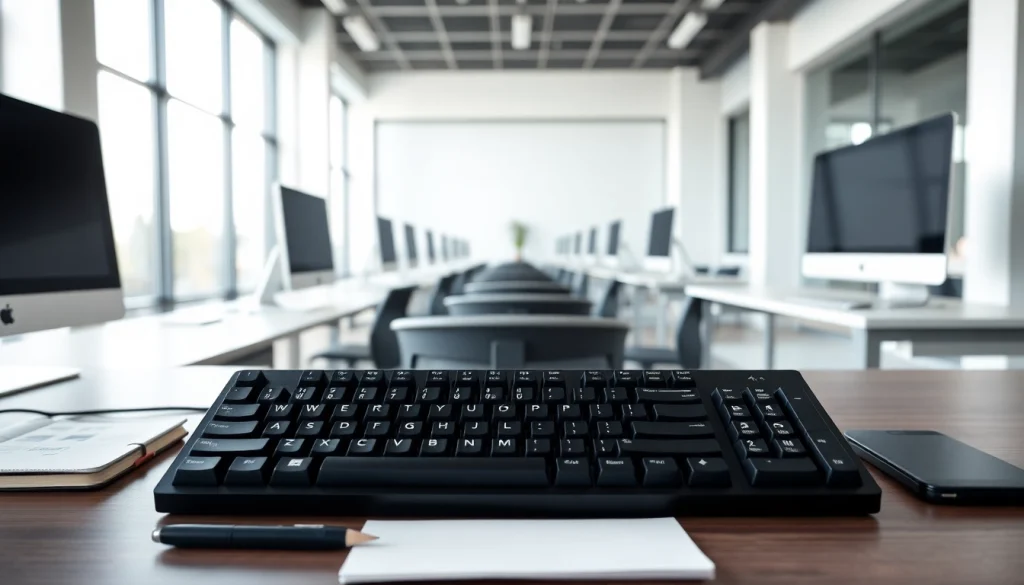Engaging scene of a typing center workspace, highlighting a mechanical keyboard and organized desk for a professional atmosphere.