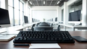 Engaging scene of a typing center workspace, highlighting a mechanical keyboard and organized desk for a professional atmosphere.