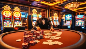 MM88 casino table with poker chips and cards creating an exciting gaming atmosphere.