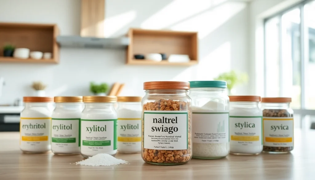 Utiliser des édulcorant en vrac dans une cuisine moderne, exposant différents types naturels.