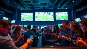 Dynamic scene showcasing sportsbooks in South Carolina with enthusiastic bettors engaged in sports events.