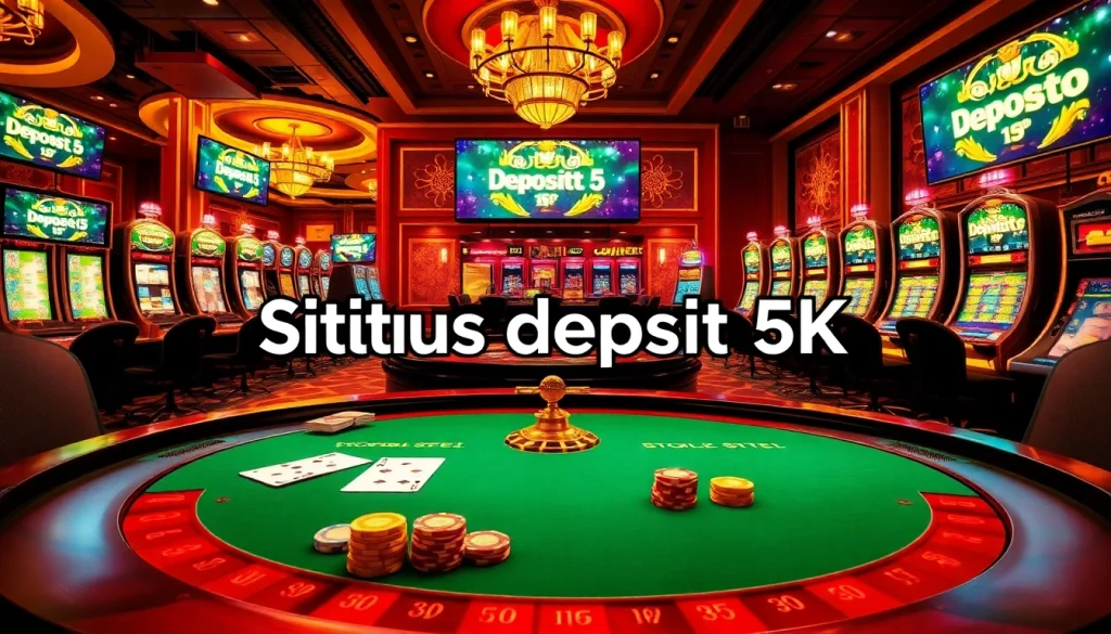 Experience the excitement of situs deposit 5k with a captivating casino setting featuring tables, cards, and slot machines.