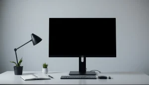 Full screen black display (pantalla negra) for focus and minimalism in a modern workspace.