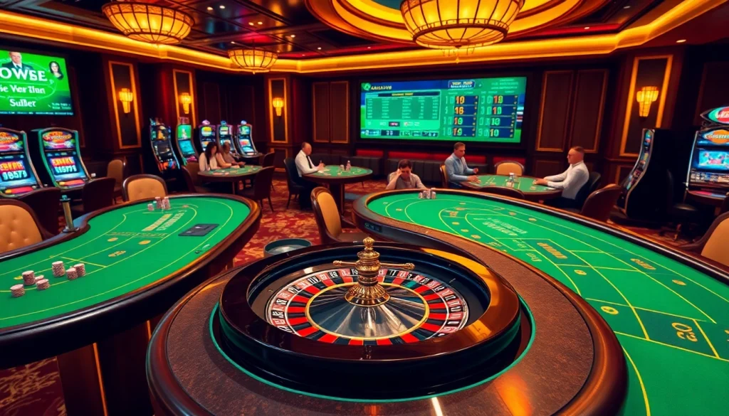 Experience thrilling gameplay at SOIBET, featuring glamorous casino games, dynamic poker tables, and interactive gaming atmosphere.