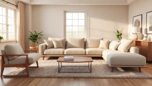 Elegantly designed woonkamer met bouclé stoffen op de bank en sfeervolle decoratie.