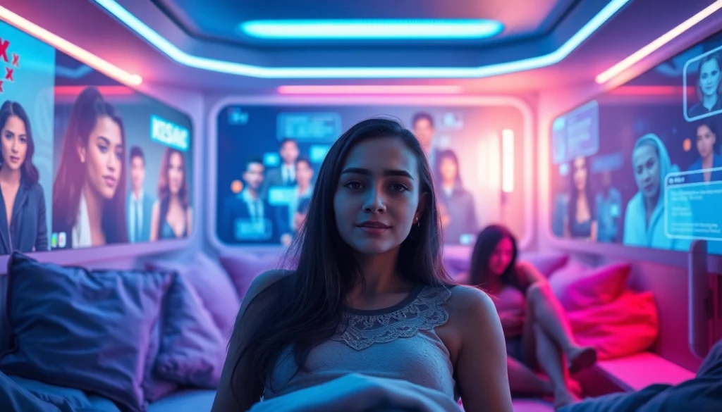 Engaging scene of a user interacting with a virtual partner through advanced sex ai technology in a cozy, modern setting.