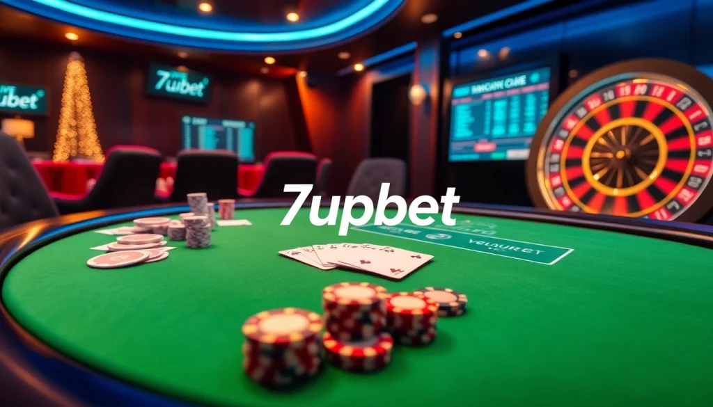 Engaging scene of 7upbet online casino with poker chips and roulette wheel.