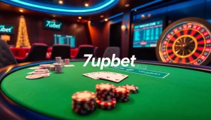 Engaging scene of 7upbet online casino with poker chips and roulette wheel.