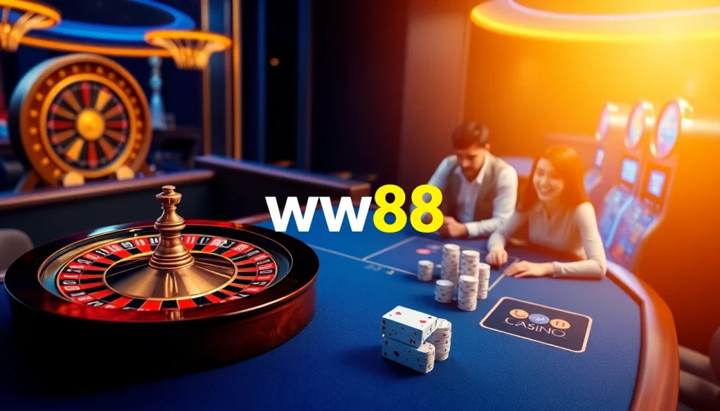 Experience the thrill of gaming at ww88, featuring vibrant slot machines and roulette wheels.