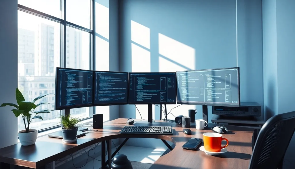 Innovative software engineering workspace with coding displays and modern tech.