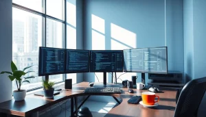 Innovative software engineering workspace with coding displays and modern tech.