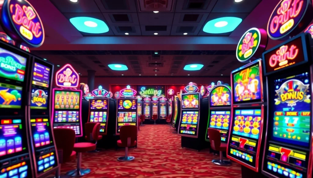 Permainan slot depo 1k dengan suasana kasino online yang cerah dan menarik.