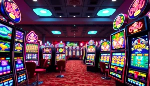 Permainan slot depo 1k dengan suasana kasino online yang cerah dan menarik.