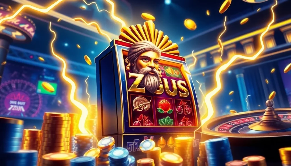 Experience the thrill of the zeus slot machine in a luxurious casino setting with vibrant symbols and golden lightning.