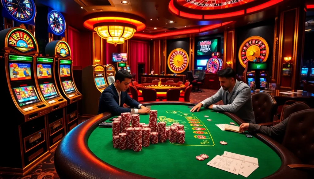 Chip poker Bet VIP và các bàn casino thanh lịch trong một không gian cờ bạc sang trọng.