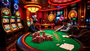 Chip poker Bet VIP và các bàn casino thanh lịch trong một không gian cờ bạc sang trọng.