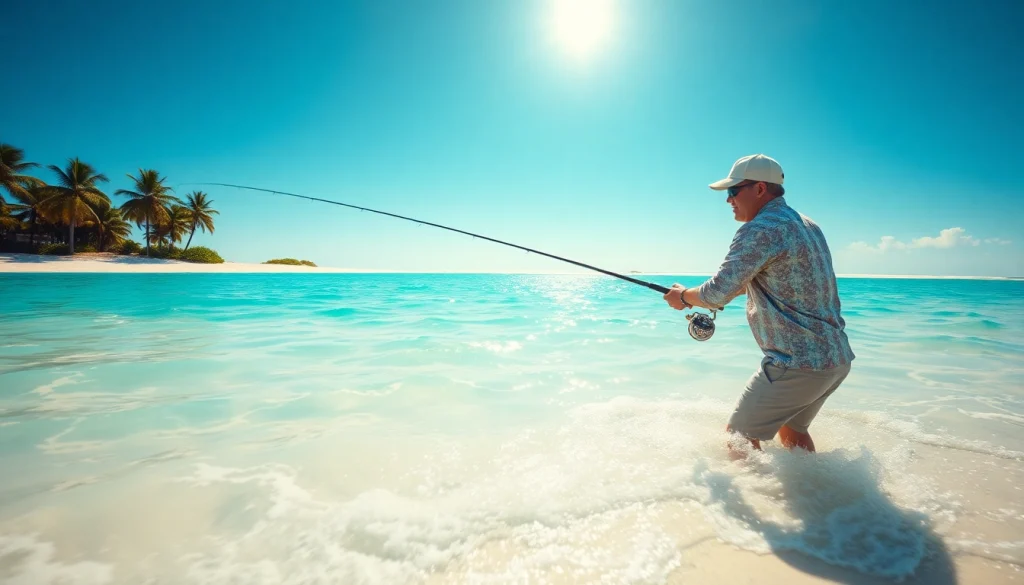 Fisherman enjoying saltwater fly fishing with turquoise waters and palm trees.
