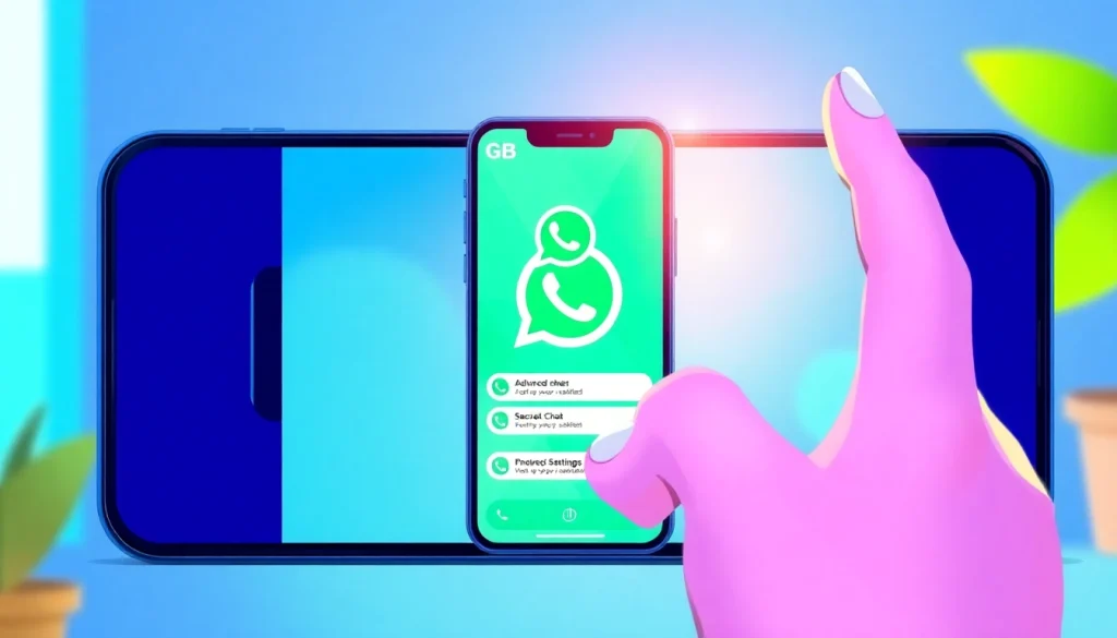 Interactive showcase of the GB WhatsApp app features on a smartphone screen, emphasizing customized themes and privacy.