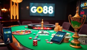 Exciting GO88 casino scene with vibrant poker chips and a roulette wheel.