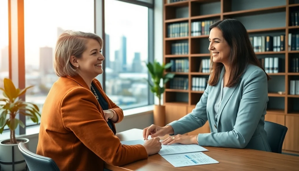 Immigration lawyer Melbourne discussing visa options with clients in a modern office.