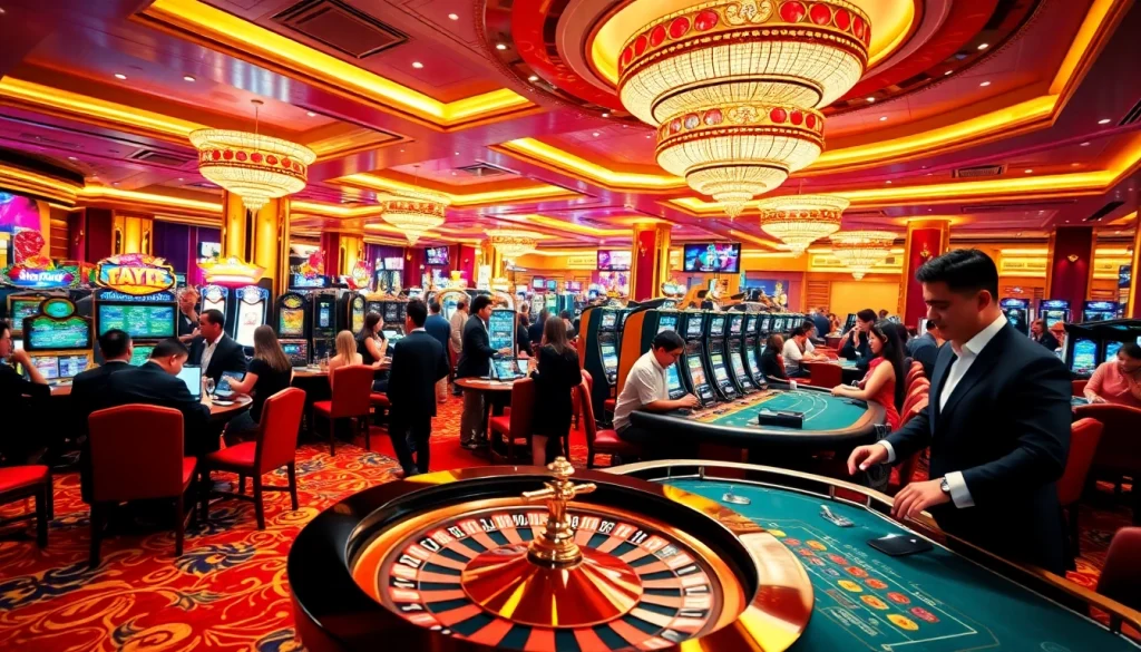 Players celebrating wins on the BK8Thai gaming floor with vibrant casino tables and luxurious decor.