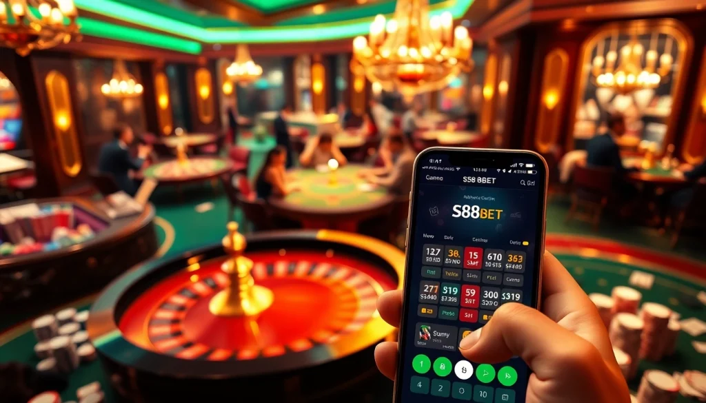 S88 nhà cái vibrant online gambling scene with casino tables, chips, and the s88BET app.