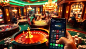 S88 nhà cái vibrant online gambling scene with casino tables, chips, and the s88BET app.