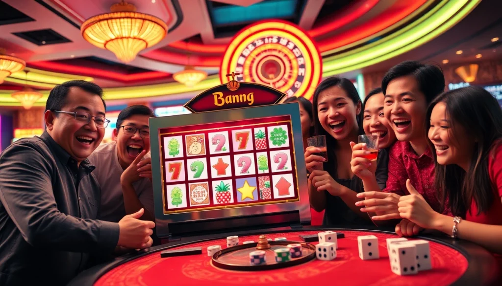 Exciting moment at the slot demo mahjong machine in a vibrant casino scene with players cheering and spinning reels.