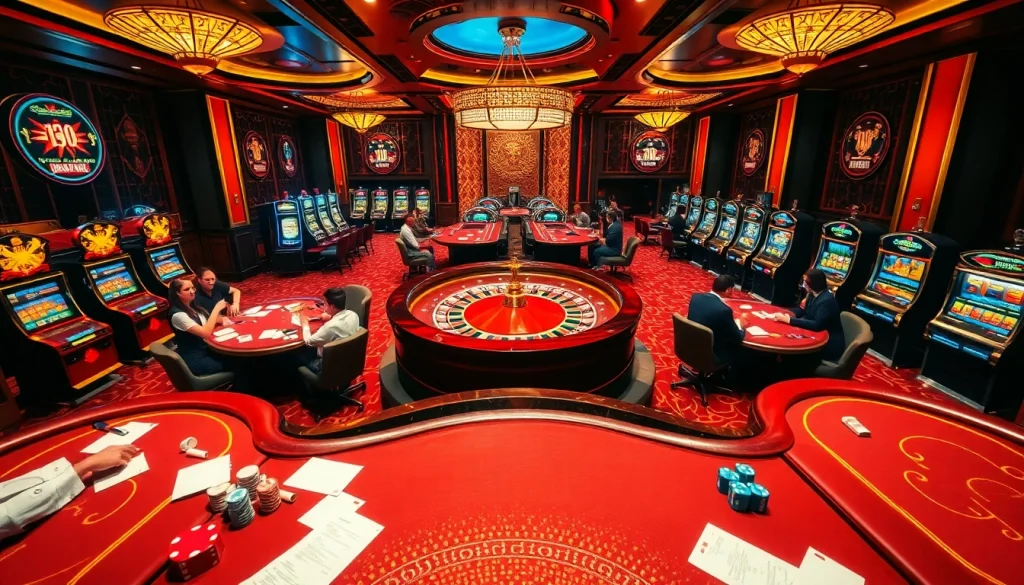 The vibrant atmosphere of https://i9bet2h.club showcasing players at poker tables, roulette wheel, and slot machines.