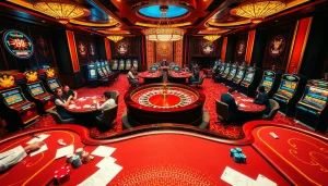 The vibrant atmosphere of https://i9bet2h.club showcasing players at poker tables, roulette wheel, and slot machines.
