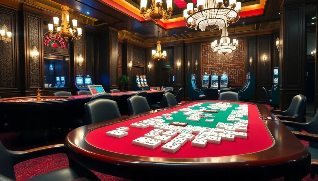 Play Mahjong Link at an elegant casino table amidst vibrant gambling surroundings.