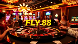 Experience FLY 88 excitement at a vibrant casino with roulette, poker chips, and slot machines.