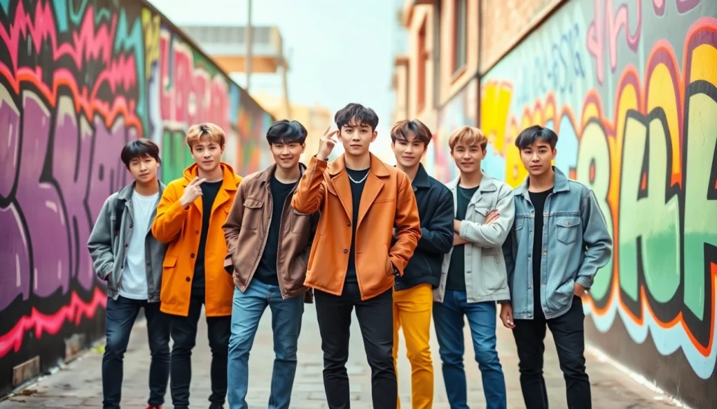 BTS members posing energetically in vibrant urban surroundings showcasing their individuality.